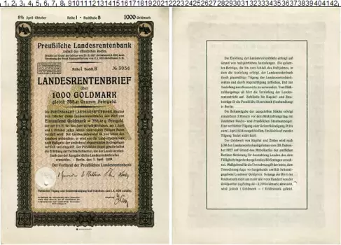 Банкнота 1000 марок Веймарской республики 1929 года Облигация на 1000 золотых марок