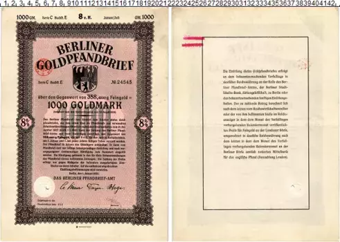 Банкнота 1000 марок Веймарской республики 1930 года Облигация Берлин