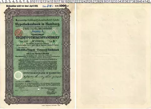 Банкнота 1000 марок Веймарской республики 1930 года 8% Облигация