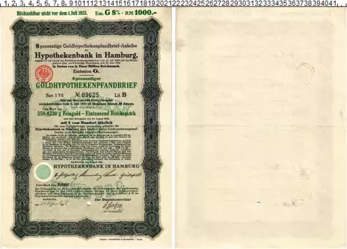 Банкнота 1000 марок Веймарской республики 1930 года 8% Облигация