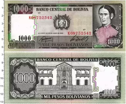 Банкнота 1000 песо Боливии 1982 года