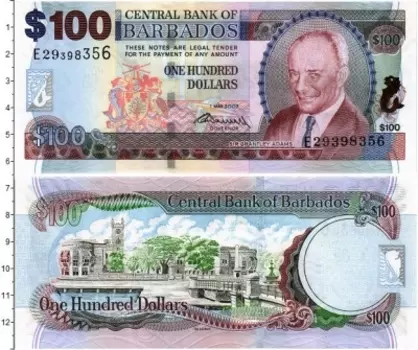 Банкнота 100 долларов Барбадоса 2007 года Сэр Грэнтли Адамс