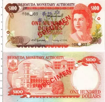Банкнота 100 долларов Бермудских островов 1982 года Образец