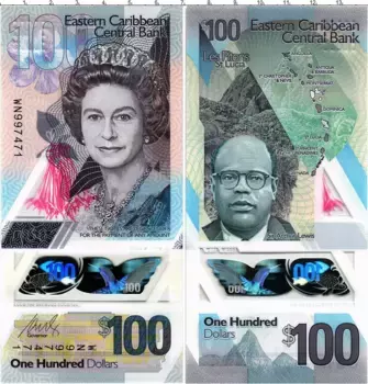 Банкнота 100 долларов Кариб 2019 года Елизавета II