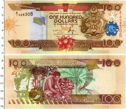 Банкнота 100 долларов Соломоновых островов Туземец с кокосом