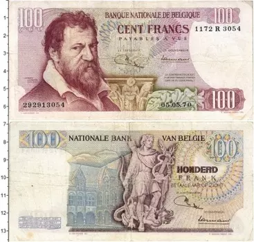 Банкнота 100 франков Бельгии 1970 года Ломберт Ломбарт