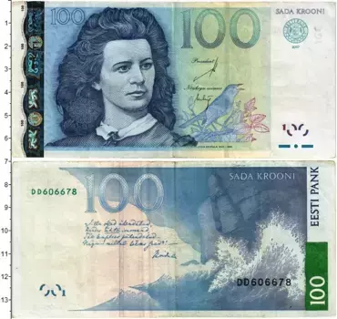 Банкнота 100 крон Эстонии 2007 года Лидия Койдула