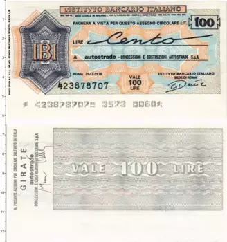 Банкнота 100 лир Италии 1976 года Банковский чек