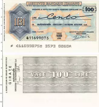Банкнота 100 лир Италии 1976 года Банковский чек