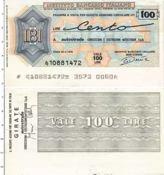 Банкнота 100 лир Италии 1976 года Банковский чек