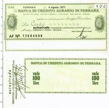 Банкнота 100 лир Италии 1977 года Банковский чек