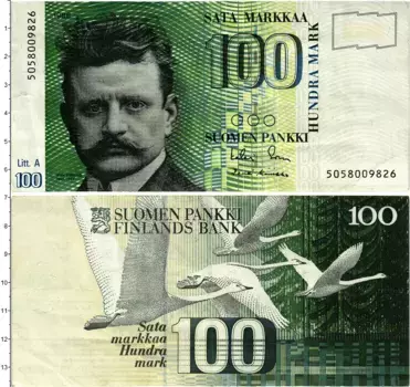 Банкнота 100 марок Финляндии 1986 года Ян Сибелиус