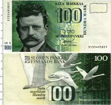 Банкнота 100 марок Финляндии 1986 года Ян Сибелиус