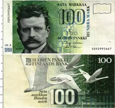 Банкнота 100 марок Финляндии 1986 года Ян Сибелиус