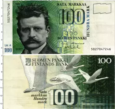 Банкнота 100 марок Финляндии 1986 года Ян Сибелиус