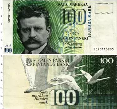 Банкнота 100 марок Финляндии 1986 года Ян Сибелиус