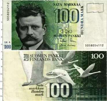 Банкнота 100 марок Финляндии 1986 года Ян Сибелиус