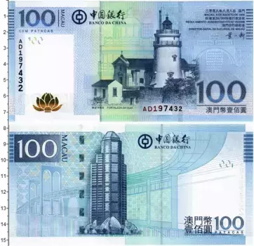 Банкнота 100 патак Макао 2008 года Гия Маяк и Монт-Форт