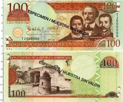 Банкнота 100 песо Доминиканской республики 2009 года Образец