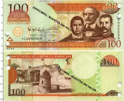 Банкнота 100 песо Доминиканской республики 2010 года Образец