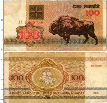 Банкнота 100 рублей Беларуси 1992 года Зубр