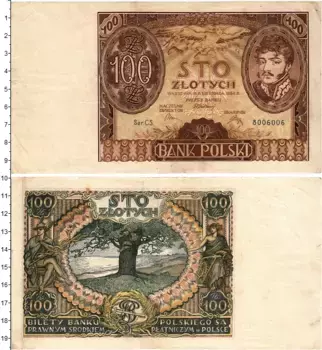 Банкнота 100 злотых Польши 1934 года Юзеф Понятовский