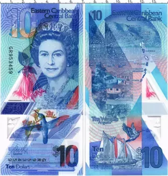 Банкнота 10 долларов Кариб 2019 года Елизавета II