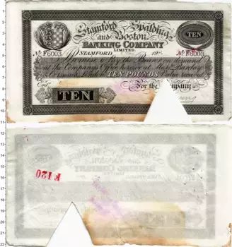 Банкнота 10 фунтов Англии 1906 года Банк Станфорд и Бостон