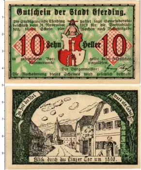 Банкнота 10 геллеров Австрии 1919 года Эфердинг