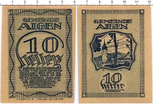Банкнота 10 геллеров Австрии 1920 года Айген-им-Энсталь