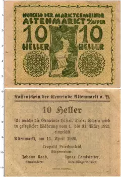 Банкнота 10 геллеров Австрии 1920 года Альтенмаркт-ан-дер-Тристинг