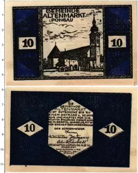 Банкнота 10 геллеров Австрии 1920 года Альтенмаркт (Понгау)