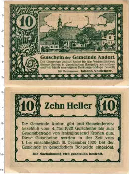 Банкнота 10 геллеров Австрии 1920 года Андорф