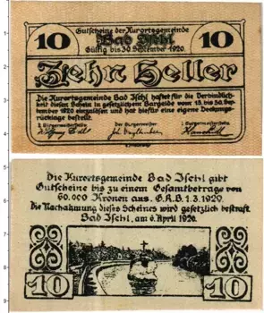 Банкнота 10 геллеров Австрии 1920 года Бад-Ишль