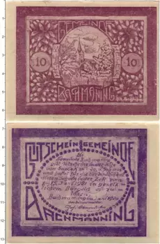 Банкнота 10 геллеров Австрии 1920 года Бахманнинг