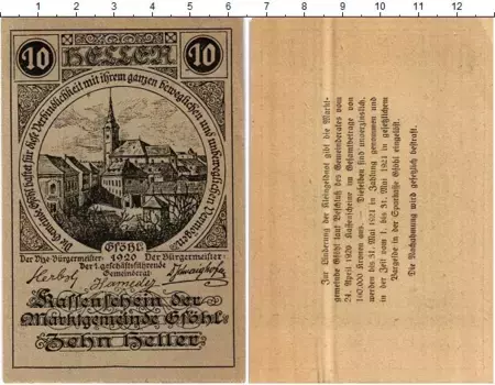 Банкнота 10 геллеров Австрии 1920 года Бессер