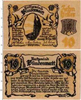 Банкнота 10 геллеров Австрии 1920 года Блинденмаркт
