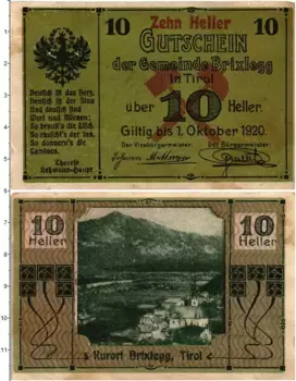 Банкнота 10 геллеров Австрии 1920 года Бригслегг Тироль
