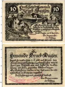 Банкнота 10 геллеров Австрии 1920 года Брук-Ваазен