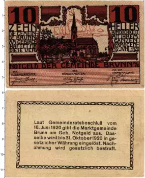 Банкнота 10 геллеров Австрии 1920 года Брун-ам-Гебирге