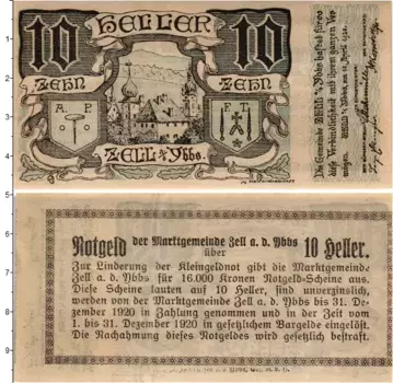 Банкнота 10 геллеров Австрии 1920 года Целль-на-Иббсе