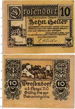 Банкнота 10 геллеров Австрии 1920 года Дрозендорф
