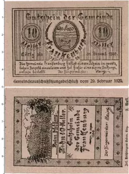 Банкнота 10 геллеров Австрии 1920 года Франкенбург