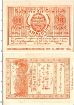 Банкнота 10 геллеров Австрии 1920 года Франкенбург