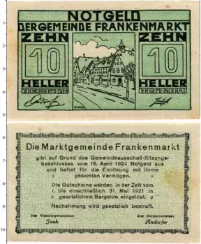 Банкнота 10 геллеров Австрии 1920 года Франкенмаркт