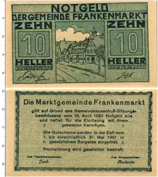 Банкнота 10 геллеров Австрии 1920 года Франкенмаркт