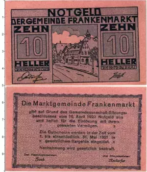 Банкнота 10 геллеров Австрии 1920 года Франкенмаркт