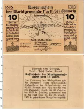 Банкнота 10 геллеров Австрии 1920 года Фурт