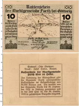 Банкнота 10 геллеров Австрии 1920 года Фурт
