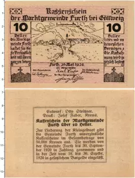 Банкнота 10 геллеров Австрии 1920 года Фурт